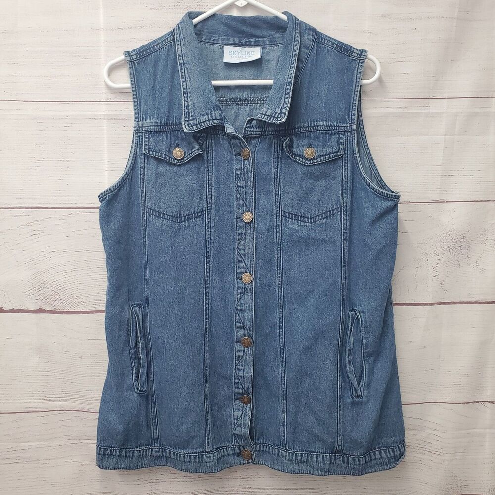 Skyline Collection Blue Denim Sleeveless Vest Top XL Jean Classic Button Up